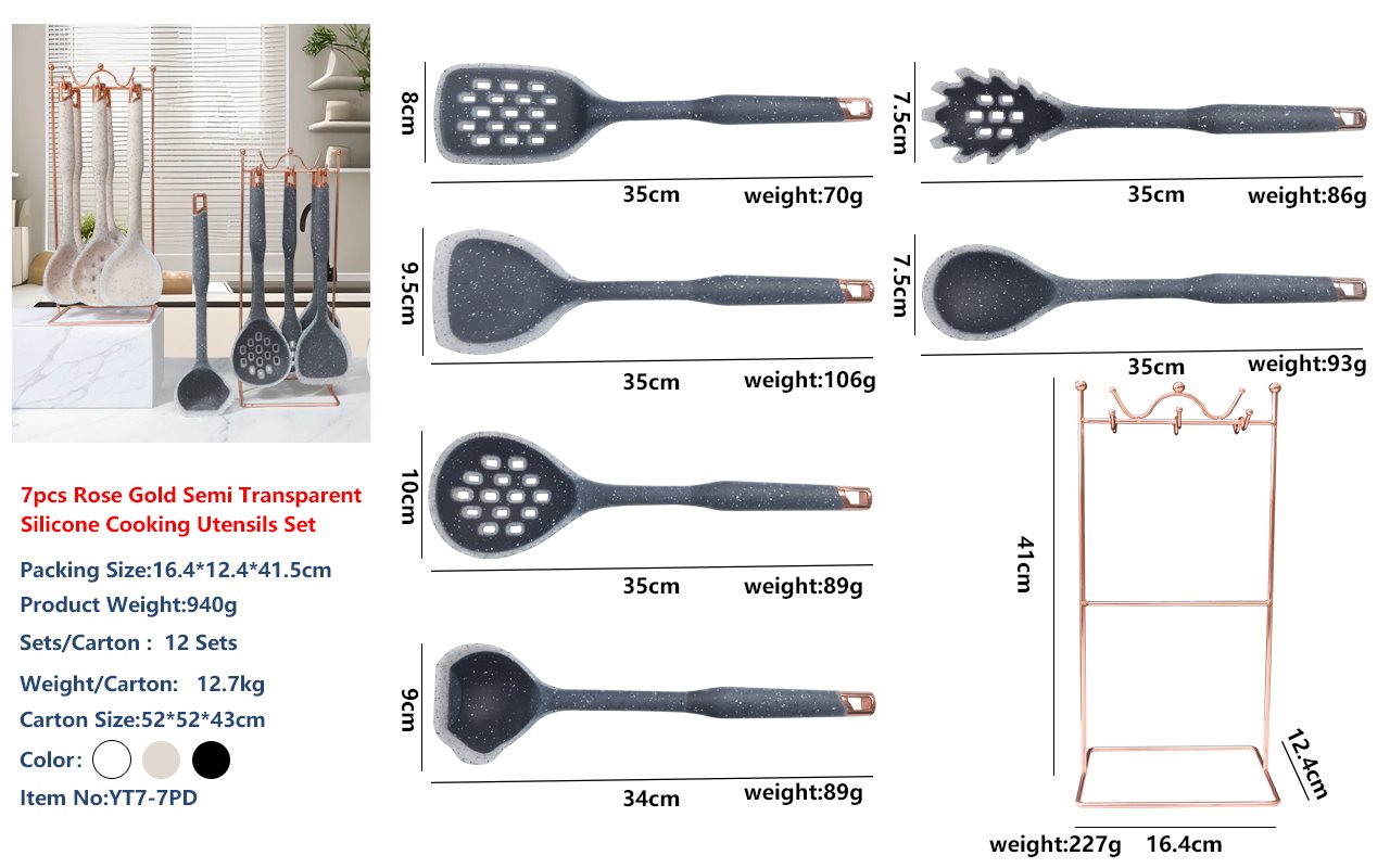 New Product Launch(7pcs Rose Gold Semi TransparentSilicone Cooking Utensils Set)