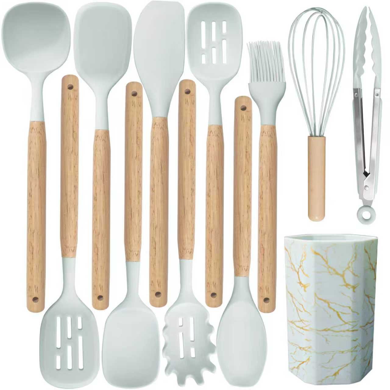 12pcs Silicone Cooking Utensils Set withWooden Handle and Marble TextureHolder - 图片 3