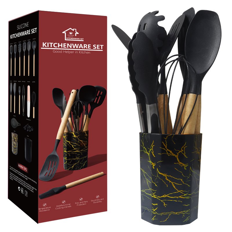 12pcs Silicone Cooking Utensils Set withWooden Handle and Marble TextureHolder - 图片 8