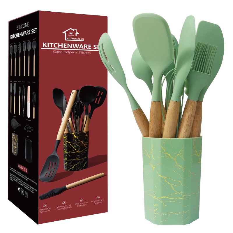 12pcs Silicone Cooking Utensils Set withWooden Handle and Marble TextureHolder - 图片 9