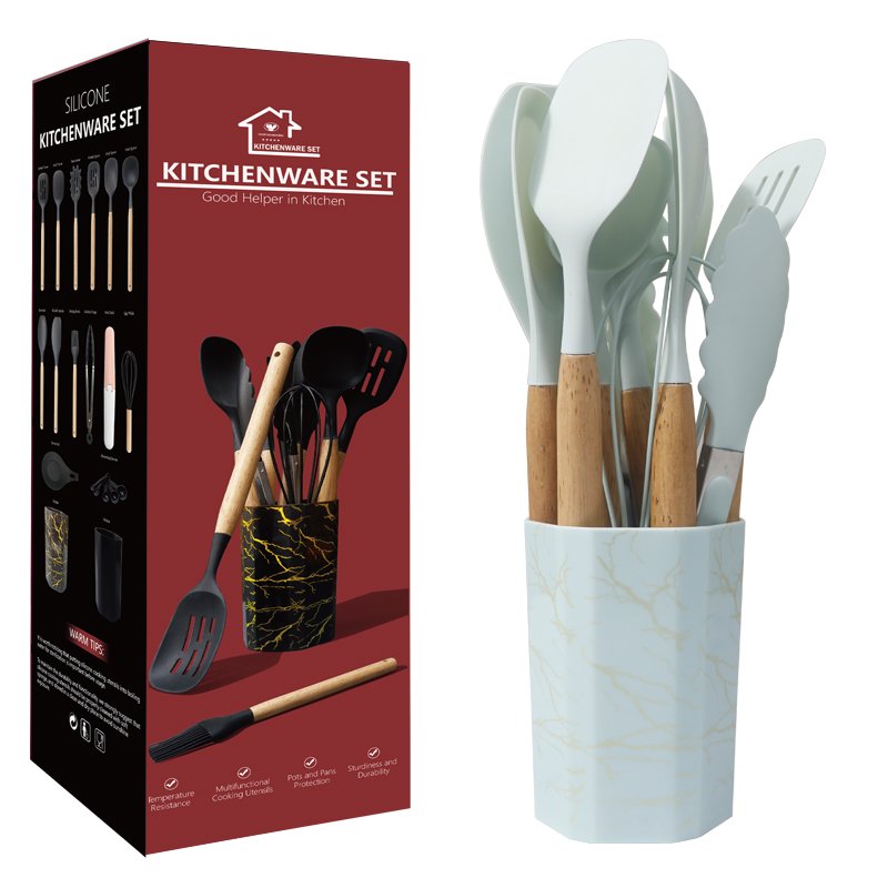 12pcs Silicone Cooking Utensils Set withWooden Handle and Marble TextureHolder - 图片 10