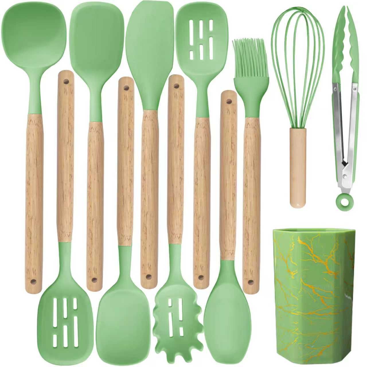 12pcs Silicone Cooking Utensils Set withWooden Handle and Marble TextureHolder - 图片 5