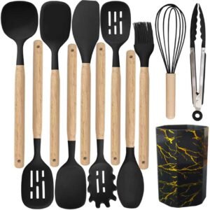 12pcs Silicone Cooking Utensils Set withWooden Handle and Marble TextureHolder