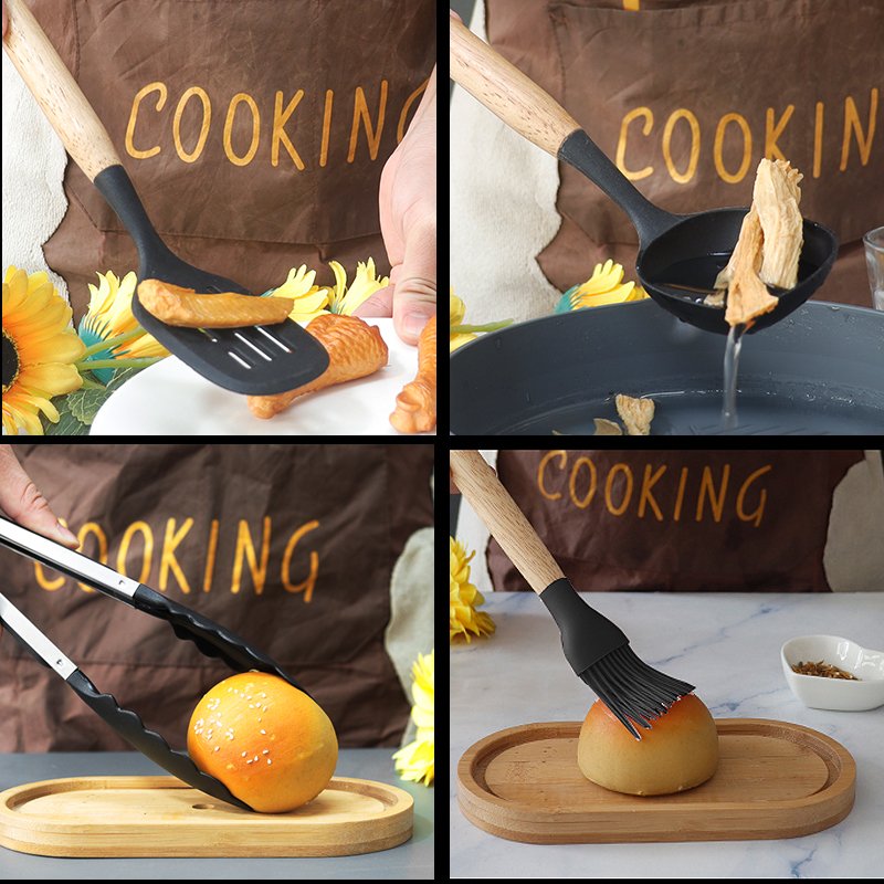 12pcs Silicone Cooking Utensils Set withWooden Handle and Marble TextureHolder - 图片 7