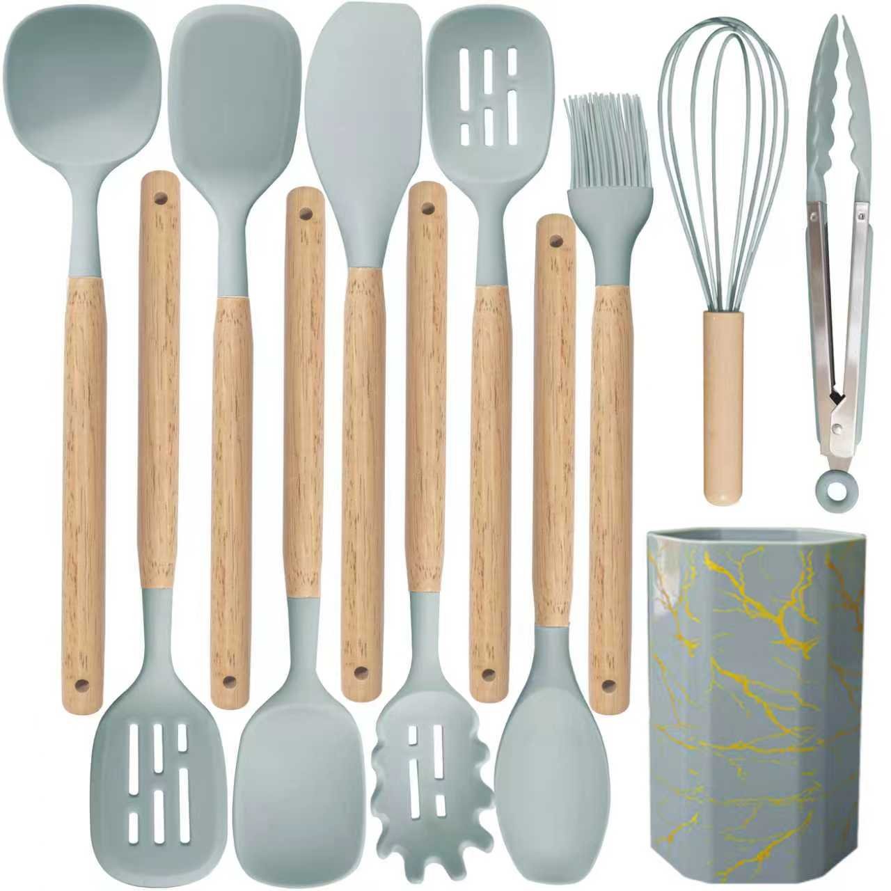 12pcs Silicone Cooking Utensils Set withWooden Handle and Marble TextureHolder - 图片 4
