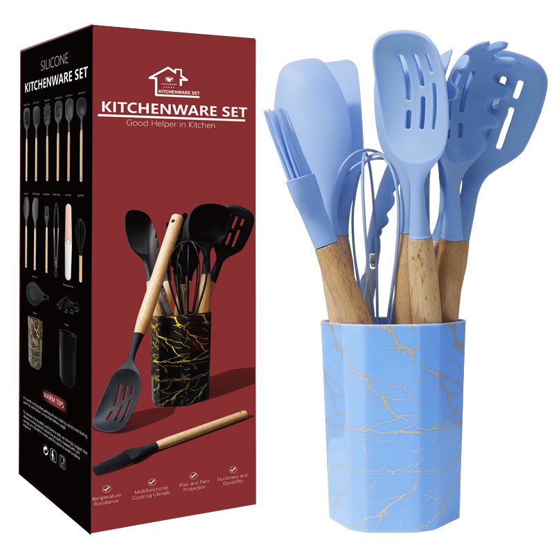 12pcs Silicone Cooking Utensils Set withWooden Handle and Marble TextureHolder - 图片 11