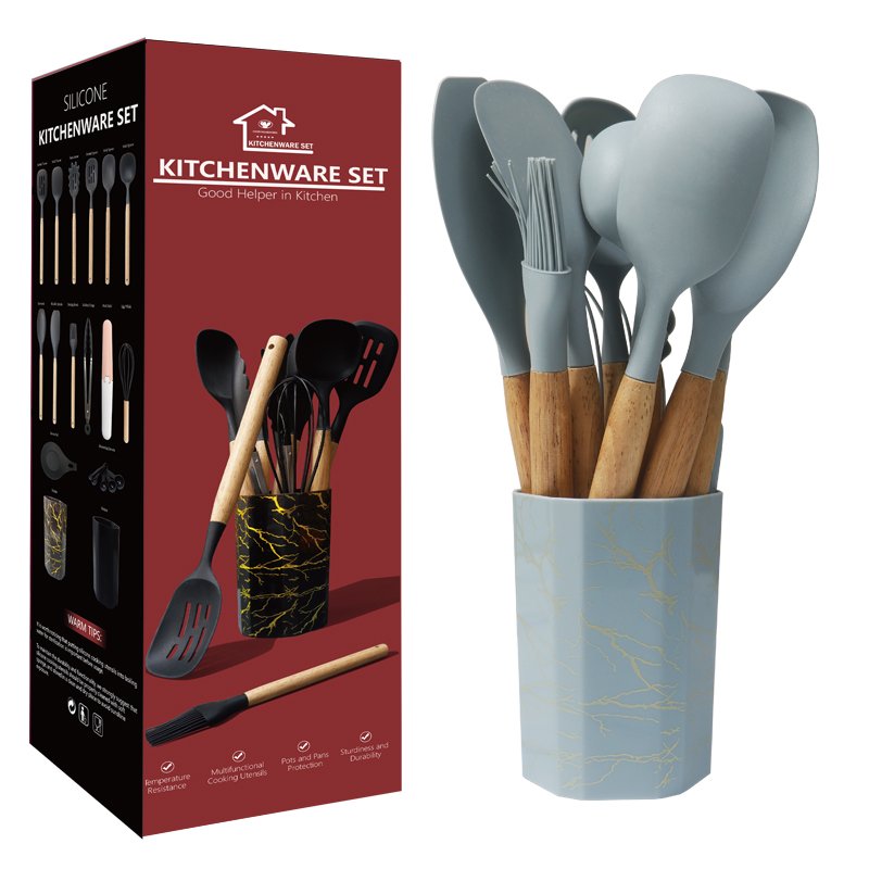 12pcs Silicone Cooking Utensils Set withWooden Handle and Marble TextureHolder - 图片 12